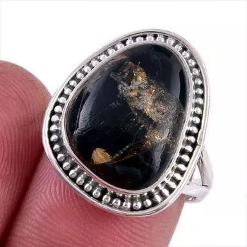 Кольцо из стерлингового серебра 925 пробы с натуральным черным медным бирюзовым камнем S.7 d1S64