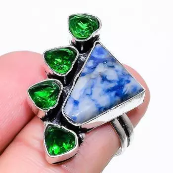 Кольцо из стерлингового серебра 925 пробы с натуральным лазуритом и диопсидом, размер 7,5 G2n09