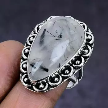 Кольцо из стерлингового серебра 925 пробы с натуральным черным рутилом, размер 6,5 Y1s43