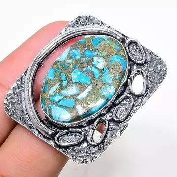 Кольцо из стерлингового серебра 925 пробы с натуральным медным синим бирюзовым камнем, размер 13 E3U50