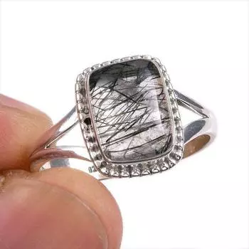 Кольцо из стерлингового серебра 925 пробы с натуральным черным рутилом, размер 9 t3w28