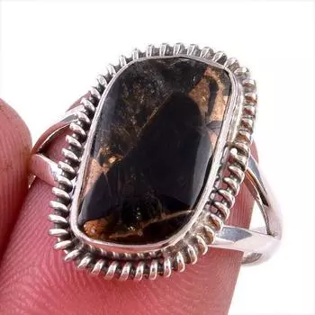 Кольцо из стерлингового серебра 925 пробы с натуральным черным медным бирюзовым камнем S.7 V6F06