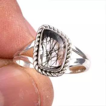 Кольцо из стерлингового серебра 925 пробы с натуральным черным рутилом, размер 7 G0r32