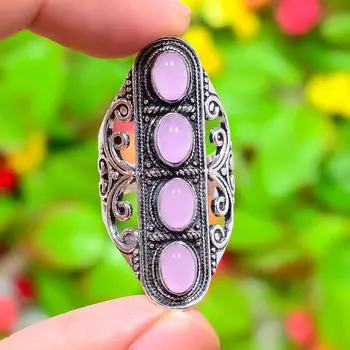 Кольцо из стерлингового серебра 925 пробы с натуральным розовым кварцем ручной работы, размер 8,5 y7T27