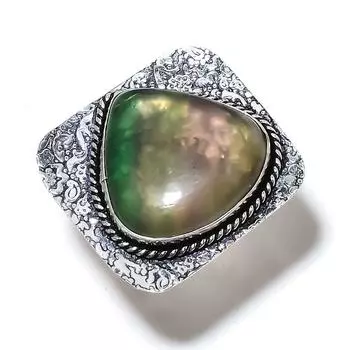 Кольцо из стерлингового серебра 925 пробы с натуральным зеленым флюоритом ручной работы, размер 9 S6t13