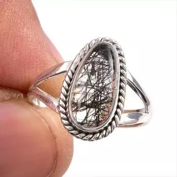 Кольцо из стерлингового серебра 925 пробы с натуральным черным рутилом, размер 7 k3B57