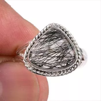 Кольцо из стерлингового серебра 925 пробы с натуральным черным рутиловым камнем S.5.5 L5H05