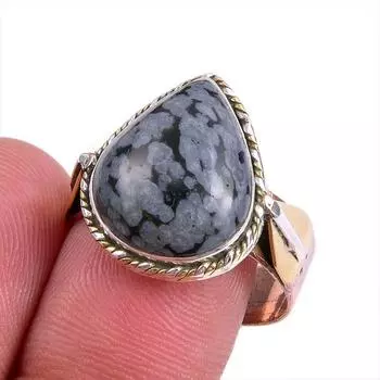 Кольцо из стерлингового серебра 925 пробы с натуральным снежинком и обсидианом, двухцветное кольцо S.10 k9k15