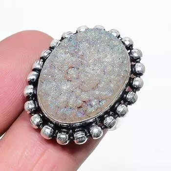 Кольцо из стерлингового серебра 925 пробы с натуральным титановым камнем Друзы ручной работы, размер 7 e9e87