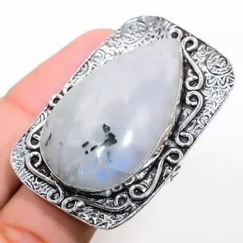 Кольцо из стерлингового серебра 925 пробы с натуральным радужным лунным камнем, размер 10,5 H7N40