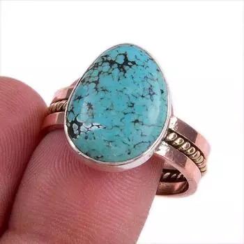 Кольцо из стерлингового серебра 925 пробы с натуральным тибетским бирюзовым камнем, двухцветное кольцо S.10 d7L63