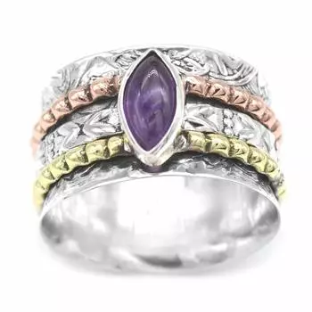 Кольцо из стерлингового серебра 925 пробы из меди и латуни, кольцо ручной работы, дизайнерское кольцо, трехцветное, эффектное кольцо, кольцо с аметистом, богемное кольцо, серебряный браслет-спиннер 6