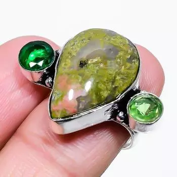 Кольцо из стерлингового серебра 925 пробы с натуральным унакитом и диопсидом, размер 7,5 E0K04