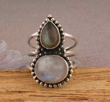 Кольцо из стерлингового серебра 925 пробы с лунным камнем и лабрадоритом Кольцо из цельного камня Эффектное кольцо Дизайн для женщин Идея подарка Ювелирные изделия из драгоценных камней 6,57 Гм Прибл. 5