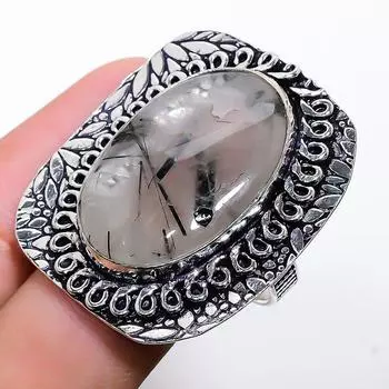 Кольцо из стерлингового серебра 925 пробы с натуральным черным рутилом ручной работы, размер 9,5 M3V00