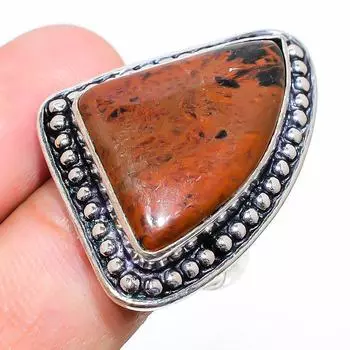 Кольцо из стерлингового серебра 925 пробы с натуральным обсидианом красного дерева, размер 8,5 p4c53