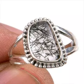 Кольцо из стерлингового серебра 925 пробы с натуральным черным рутилом, размер 6 Z9W51