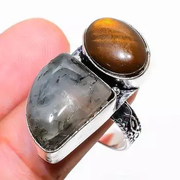 Кольцо из стерлингового серебра 925 пробы с натуральным черным рутилом и драгоценным камнем «Тигровый глаз», размер 9 H4K03