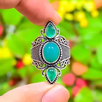 Кольцо из стерлингового серебра 925 пробы с натуральным зеленым ониксом ручной работы, размер 9,5 u2D18