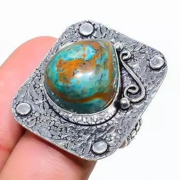 Кольцо из стерлингового серебра 925 пробы с натуральным драгоценным камнем хризоколла ручной работы, размер 7,5 g7Y31