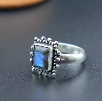 Кольцо из стерлингового серебра 925 пробы с лабрадором и синим ярким драгоценным камнем, дизайнерское кольцо ручной работы, кольцо в стиле бохо, эффектное кольцо, подарок на помолвку, кольцо для праздничной одежды 6