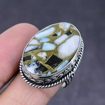 Кольцо из стерлингового серебра 925 пробы с натуральным драгоценным камнем зебровой яшмы ручной работы, размер 9 V2P38