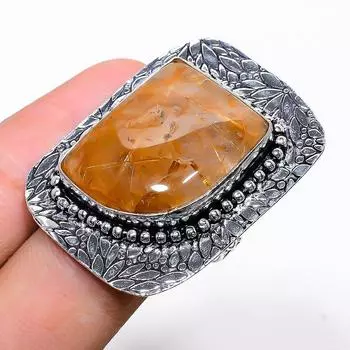 Кольцо из стерлингового серебра 925 пробы с натуральным золотым рутилом ручной работы, размер 8 T4U63