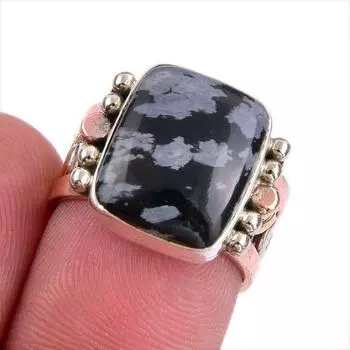 Кольцо из стерлингового серебра 925 пробы с натуральным снежинком и обсидианом, двухцветное кольцо S.5.5 f6k67