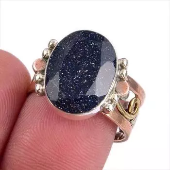Кольцо из стерлингового серебра 925 пробы с натуральным синим солнечным камнем, двухцветное кольцо, размер 7,5 Y5c99