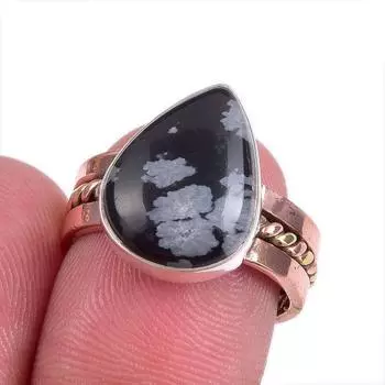 Кольцо из стерлингового серебра 925 пробы с натуральным снежинком и обсидианом, двухцветное кольцо S.6 o2R56