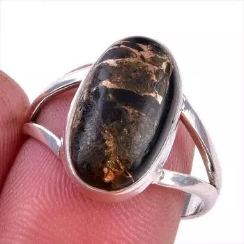 Кольцо из стерлингового серебра 925 пробы с натуральным черным медным бирюзовым камнем S.8 S4O16