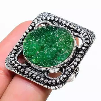 Кольцо из стерлингового серебра 925 пробы с натуральным зеленым титановым камнем Друзы, размер 10 U0V62