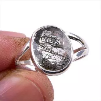 Кольцо из стерлингового серебра 925 пробы с натуральным черным рутиловым драгоценным камнем S.7.5 F9s89