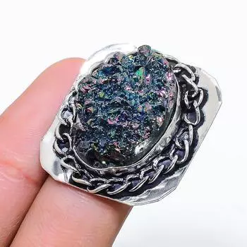 Кольцо из стерлингового серебра 925 пробы с натуральным павлиньим титаном Aura, размер 8 H2V59