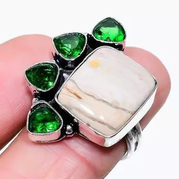 Кольцо из стерлингового серебра 925 пробы с натуральной яшмой малигано и диопсидом, размер 8 e9P17
