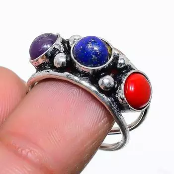 Кольцо из стерлингового серебра 925 пробы с натуральным лазуритом ручной работы, размер 6,5 b2J81