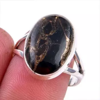 Кольцо из стерлингового серебра 925 пробы с натуральным черным медным бирюзовым камнем S.8 j8L04