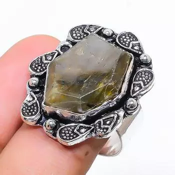 Кольцо из стерлингового серебра 925 пробы с натуральным лабрадоритом ручной работы, размер 8,5 o5D55