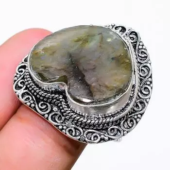 Кольцо из стерлингового серебра 925 пробы с натуральным лабрадоритом ручной работы, размер 7,5 M5f24