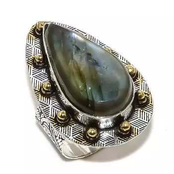 Кольцо из стерлингового серебра 925 пробы с натуральным лабрадоритом, двухцветный камень, размер 7,5 S2c73