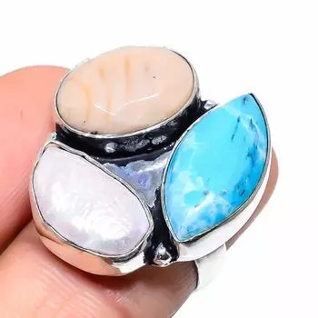 Кольцо из стерлингового серебра 925 пробы с натуральным ларимаром и розовым опалом, размер 6,5 d0M93