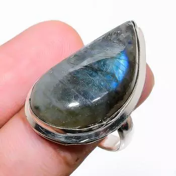 Кольцо из стерлингового серебра 925 пробы с натуральным лабрадоритом ручной работы, размер 7,5 p3V89