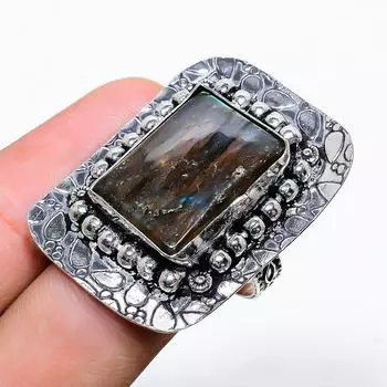 Кольцо из стерлингового серебра 925 пробы с натуральным лабрадоритом ручной работы, размер 8,5 r4Q36