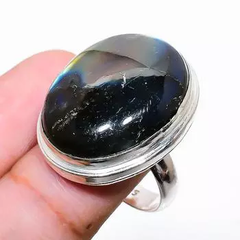 Кольцо из стерлингового серебра 925 пробы с натуральным лабрадоритом ручной работы, размер 8,5 A9E15