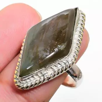 Кольцо из стерлингового серебра 925 пробы с натуральным лабрадоритом ручной работы, размер 8 v6o26