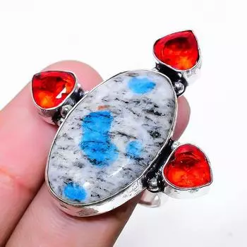 Кольцо из стерлингового серебра 925 пробы с натуральным синим азуритом K2 и гранатом, размер 8 U5I60