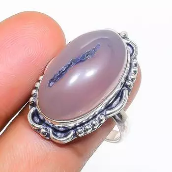 Кольцо из стерлингового серебра 925 пробы с натуральным розовым халцедоном, размер 8 J8U09