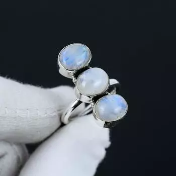 Кольцо из стерлингового серебра 925 пробы с натуральным лунным камнем, регулируемое по размеру — подходит для размеров США от 6 до 10 — украшения ручной работы в стиле бохо для женщин и мужчин, подарки на День святого Валентина Adjustable белый