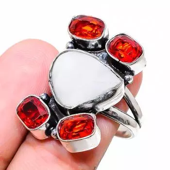 Кольцо из стерлингового серебра 925 пробы с натуральным радужным лунным камнем и гранатом, размер 8 N8E08