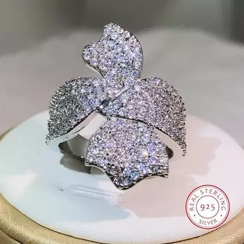 Кольцо из стерлингового серебра 925 пробы с двойным бантом и цирконом, модное ювелирное изделие, подарок для вечеринки, свадьбы, помолвки 10 белый
